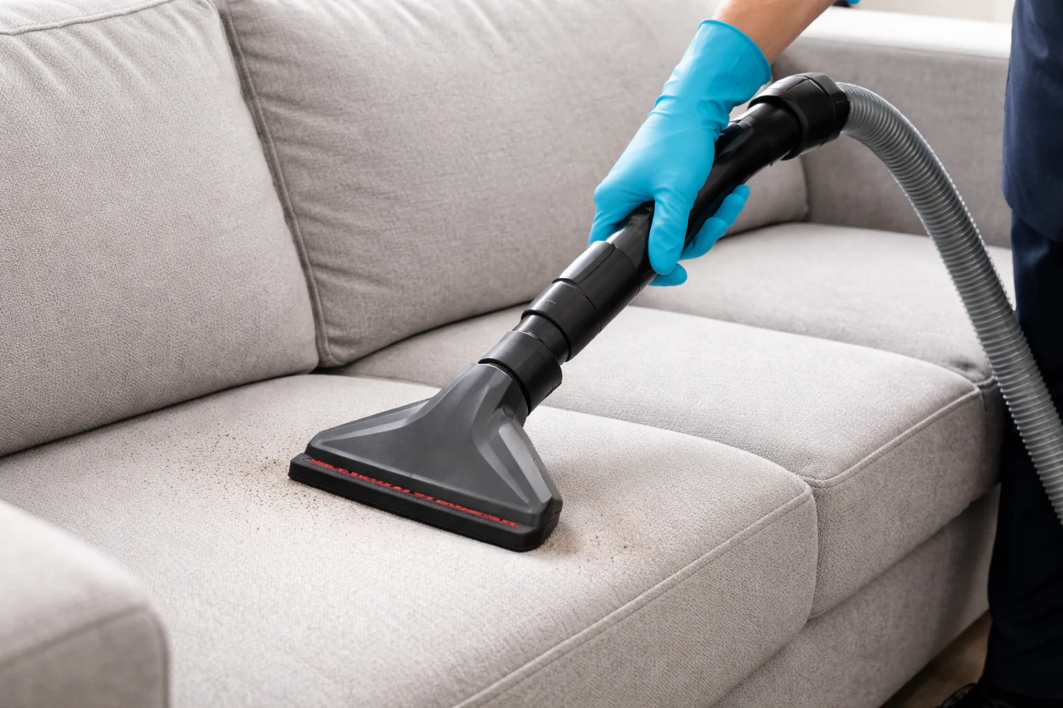 A clear upholstery extraction nozzle cleaning along a sofa cushion seam with piping, close-up realistic photography showing careful tool angle and minimal moisture