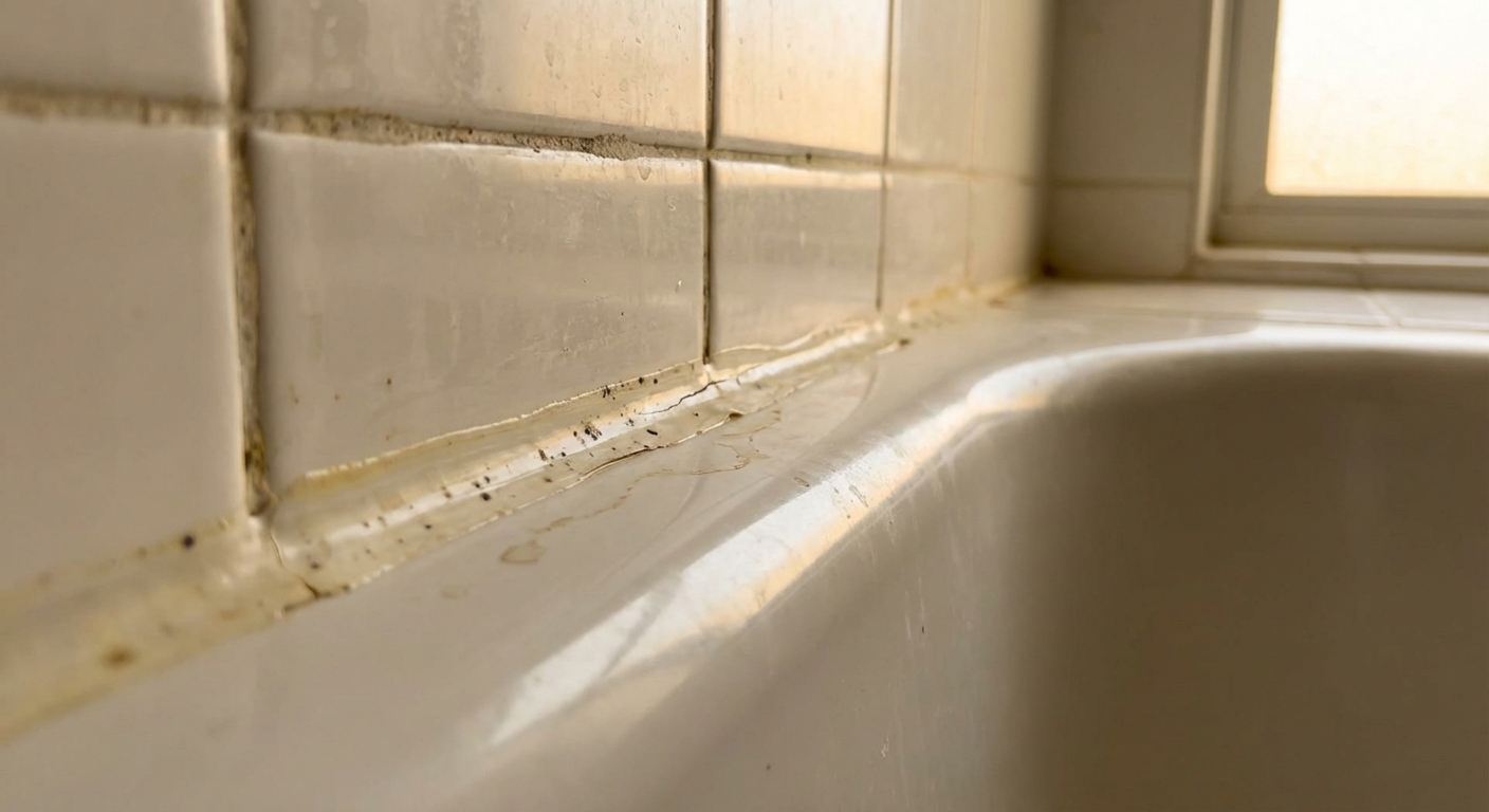 A close-up of a bathtub edge where tile meets the tub, showing slightly yellowed silicone caulk with small mildew spots, realistic bathroom lighting