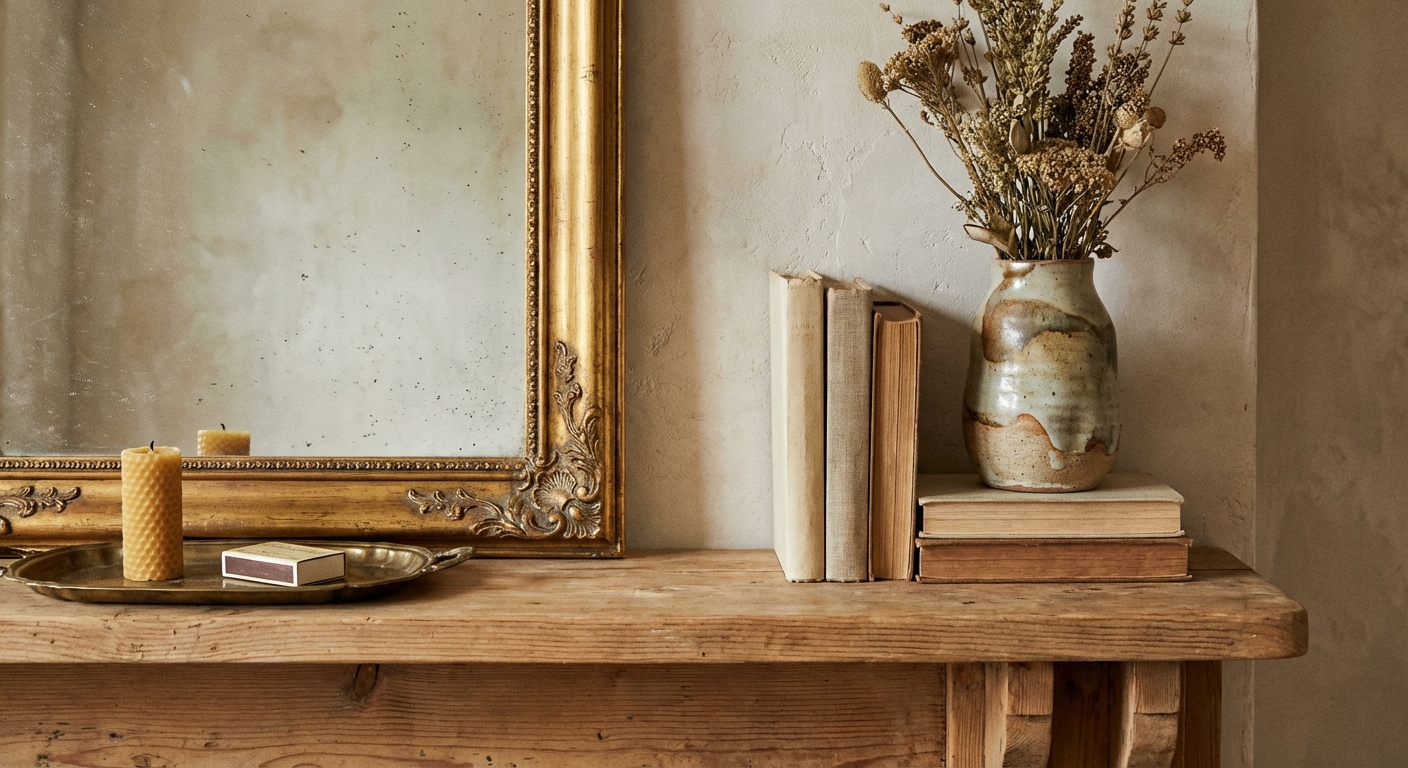 A close-up of a fireplace mantel with a vintage gold mirror leaning against the wall, a small stack of neutral hardback books, a handmade ceramic vase, and a brass tray