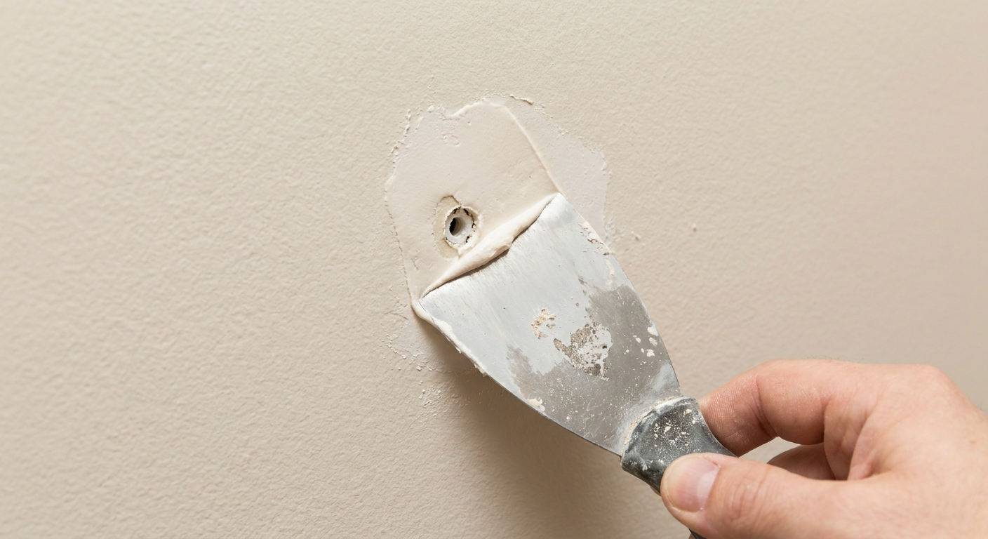 A close-up of a flexible putty knife feathering spackle over a small wall anchor hole so the edges blend into painted drywall, realistic photo