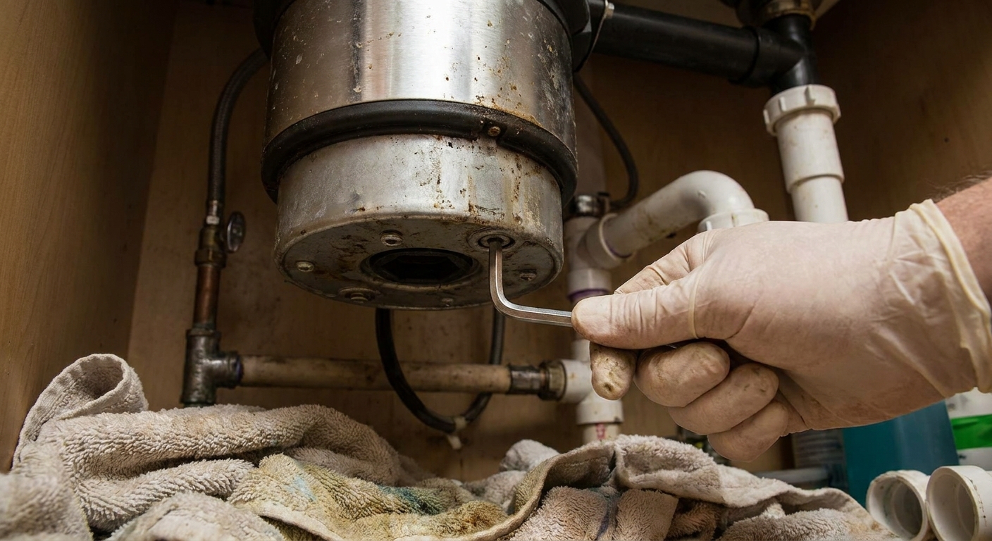A close-up of a hand inserting an Allen wrench into the hex socket on the bottom of a garbage disposal under a sink, realistic plumbing photo