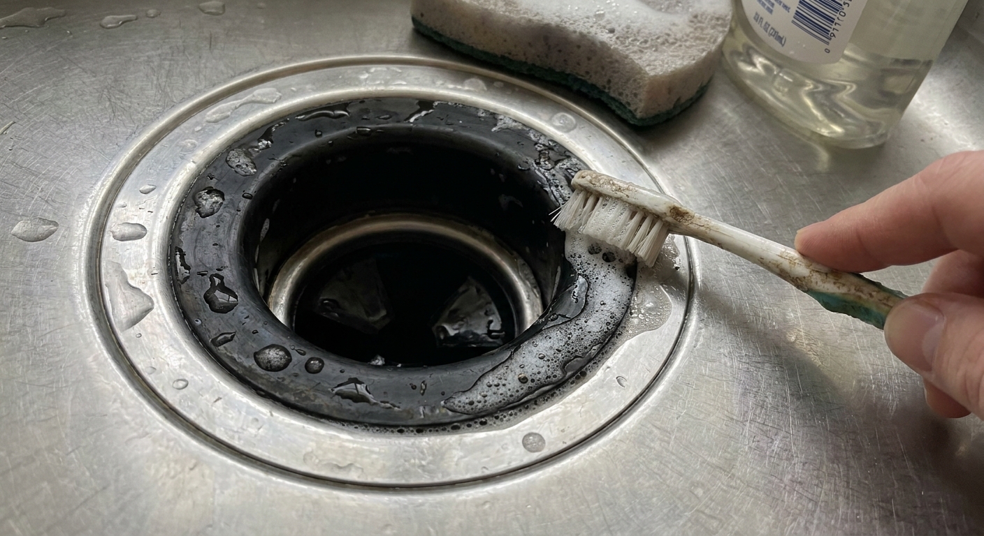 A close-up of a kitchen sink garbage disposal opening with a rubber splash guard being scrubbed using a toothbrush and dish soap, realistic photo