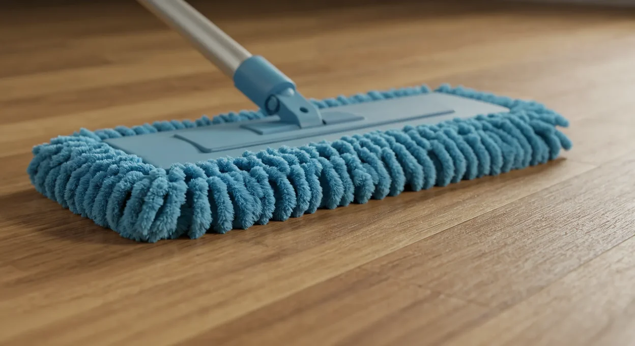 A close-up of a microfiber flat mop gliding across a beige sheet vinyl floor with soft warm indoor lighting, realistic photo