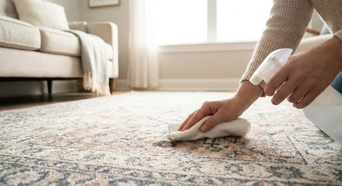 A close-up of a new patterned area rug corner on a hardwood floor while a hand presses a white cotton cloth against the pile to check for color transfer