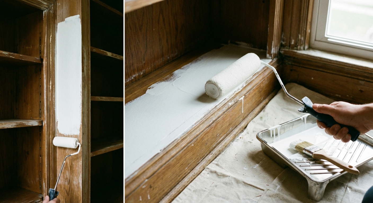 A close-up of a paint roller applying smooth white enamel paint to built-in bookcase trim, with a small brush and paint tray nearby