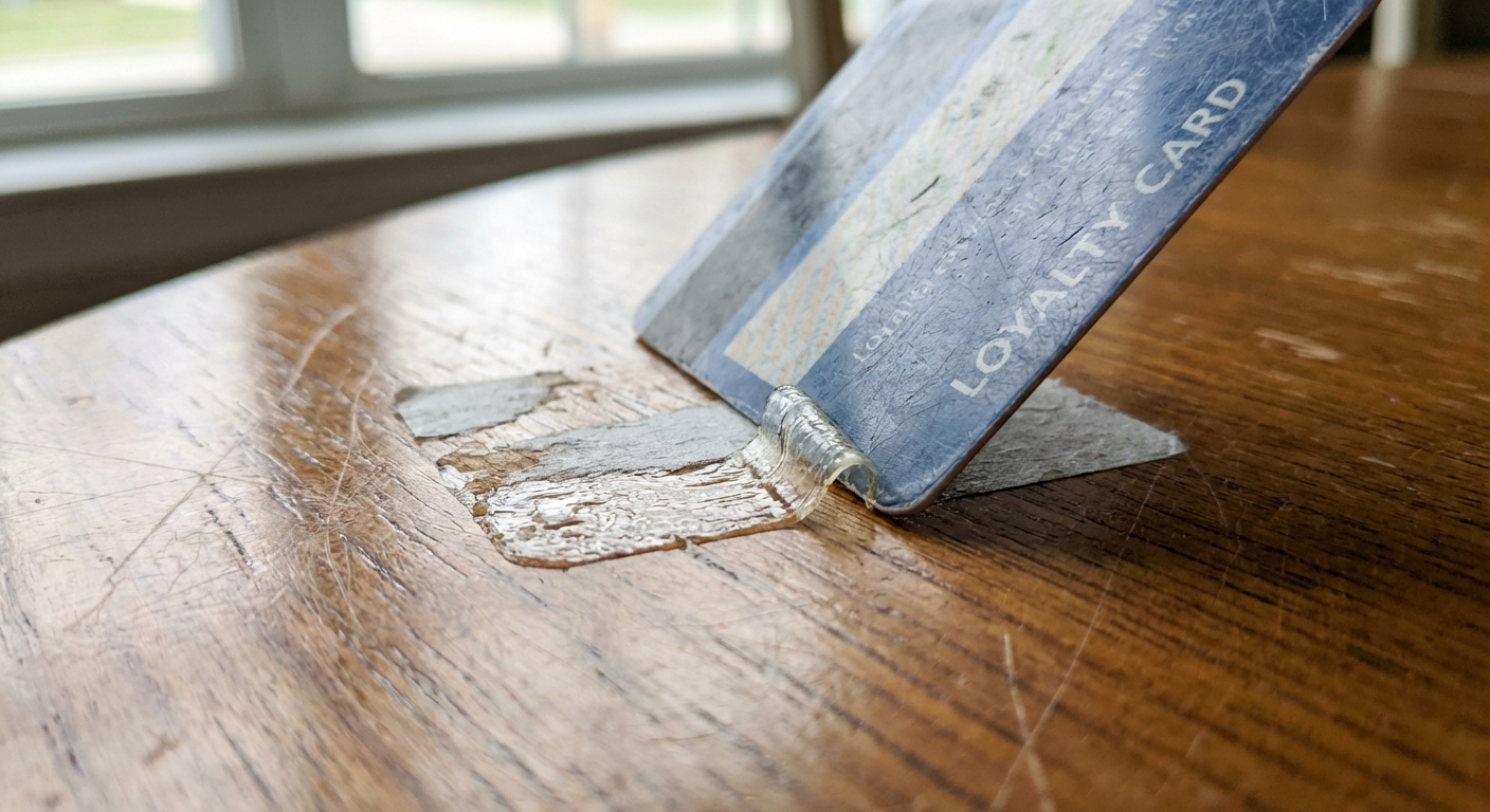 A close-up of a plastic card angled low as it gently scrapes a small patch of sticker residue from a finished wooden tabletop