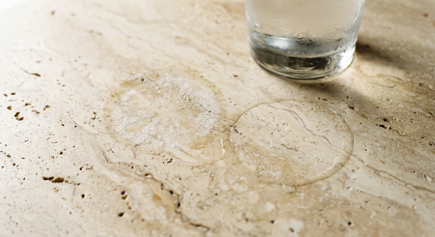 A close-up of a real travertine countertop showing a faint dull etched mark near a drinking glass ring in soft indoor light, realistic photo