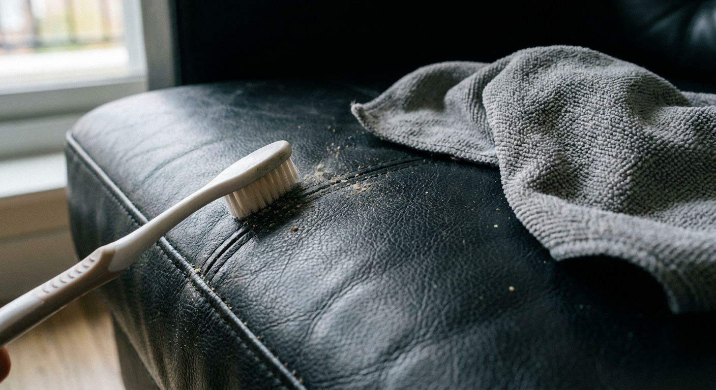 A close-up of a soft toothbrush gently cleaning along the seam of a black faux leather couch cushion, with a microfiber cloth nearby