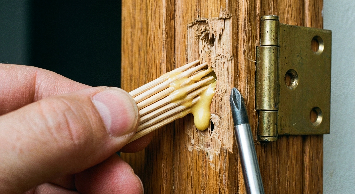 A close-up of a stripped hinge screw hole in a wooden door frame being filled with glue-coated toothpicks before reinserting the screw