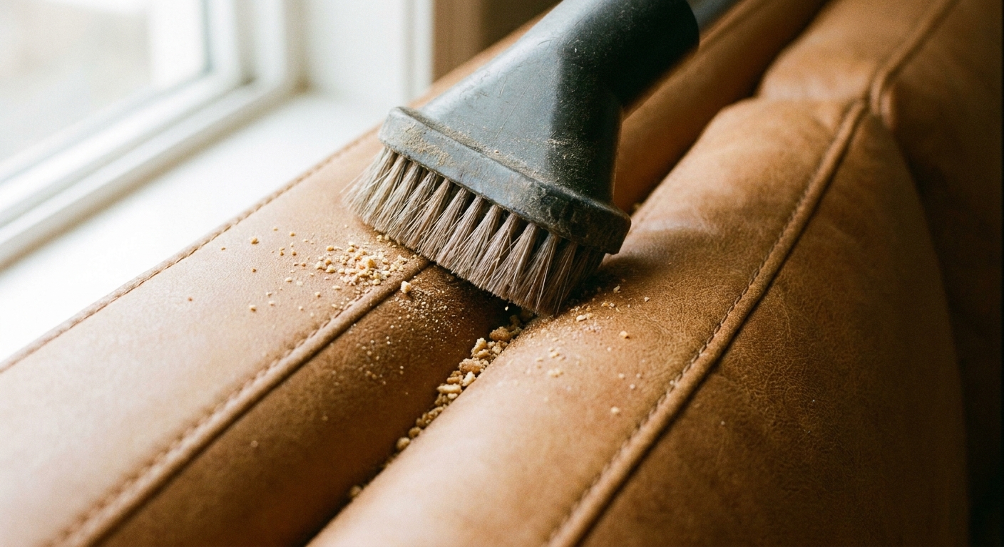 A close-up of a vacuum cleaner brush attachment gently cleaning crumbs from the seams of a caramel faux leather couch, natural window light