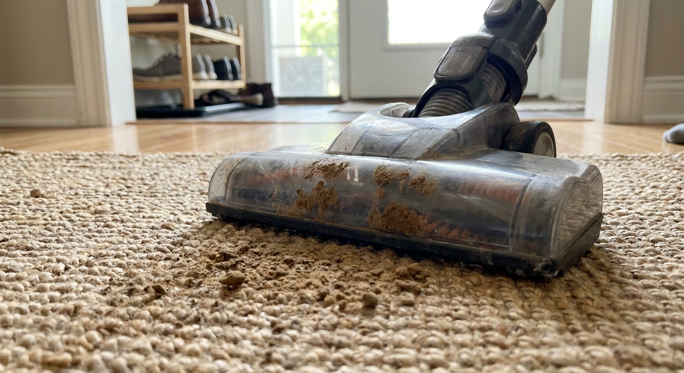 A close-up of a vacuum head lifting dried mud particles from a jute rug near an entryway, realistic indoor photo