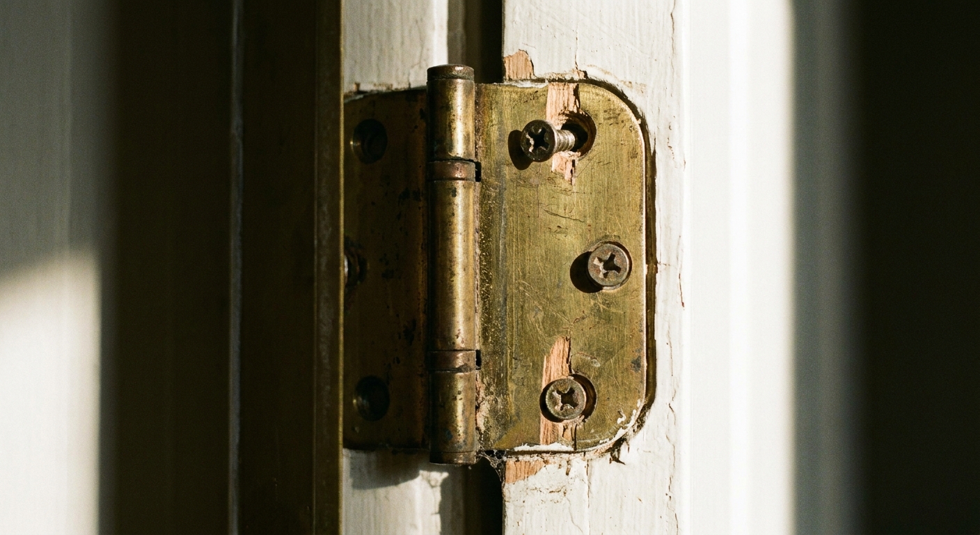 A close-up of an interior door hinge with slightly backed-out screws, showing a small gap between the hinge leaf and the door edge