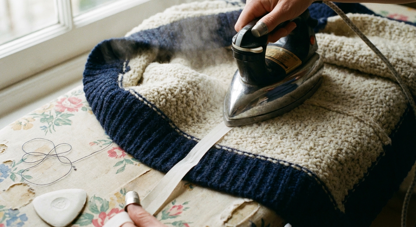 A close-up of an iron pressing hem tape along the inside seam of a wool sweater on an ironing board, real photo