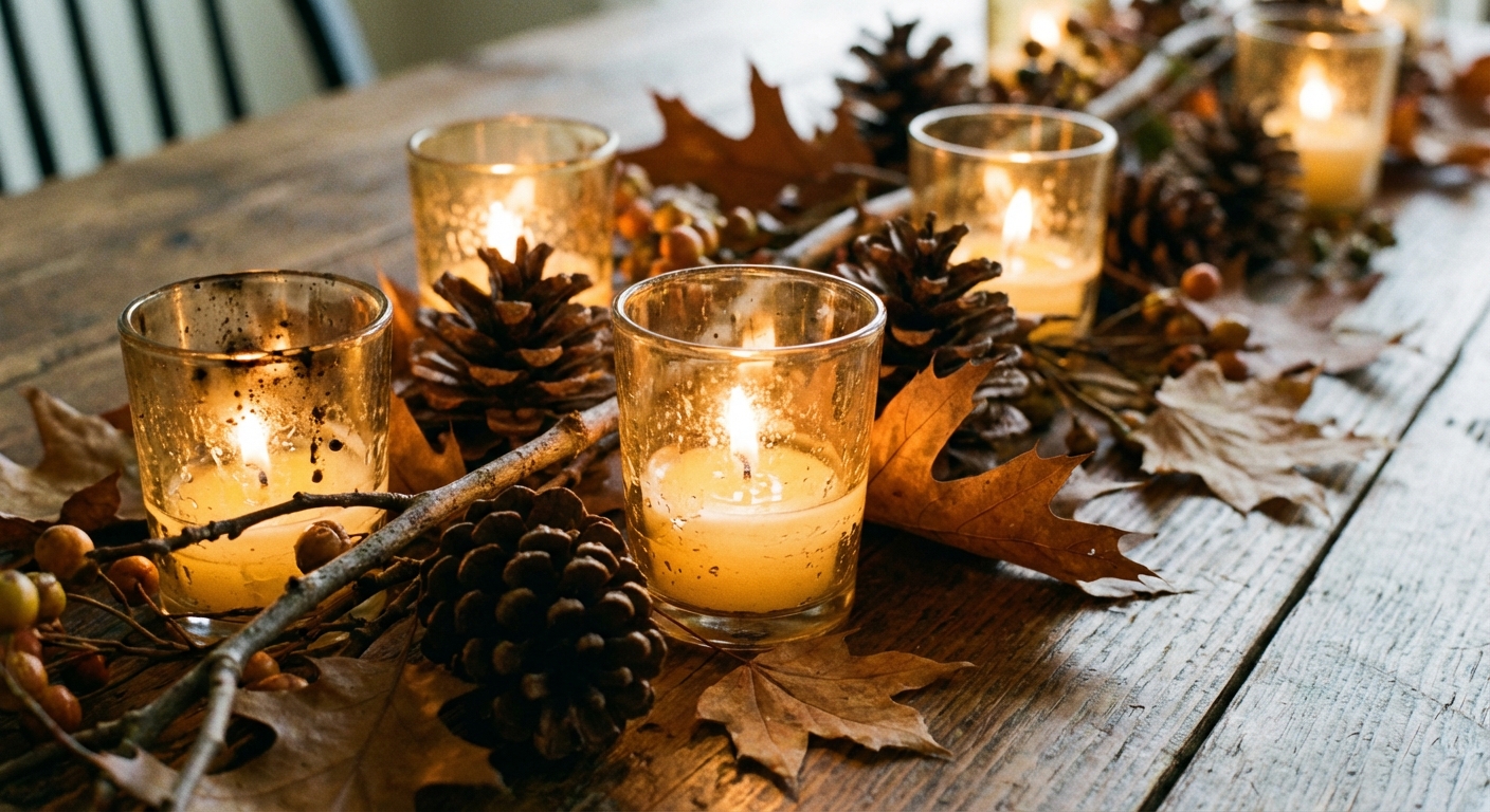 A close-up of glass votive candles glowing among pinecones and dried leaves along a Thanksgiving table centerpiece, real photograph