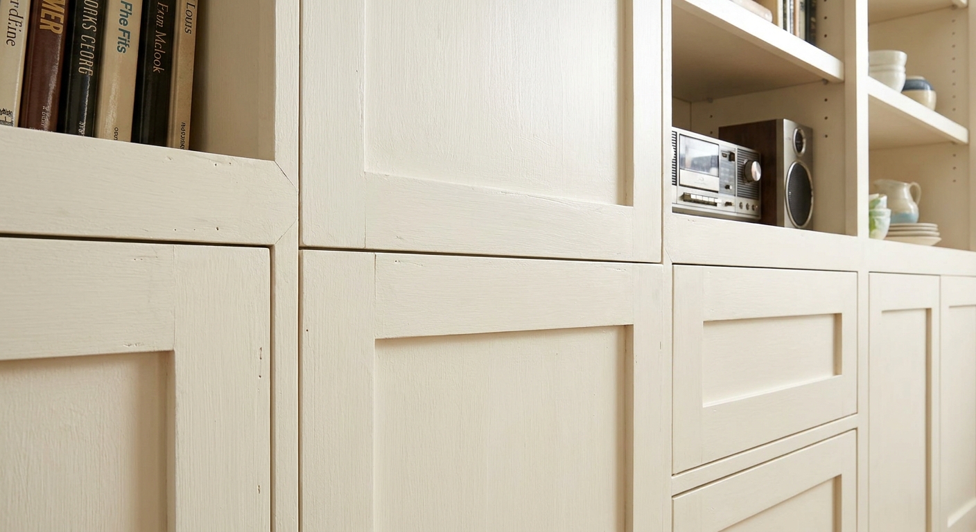 A close-up of painted trim boards creating a face frame across multiple media cabinets, hiding seams and giving the installation a custom built-in appearance