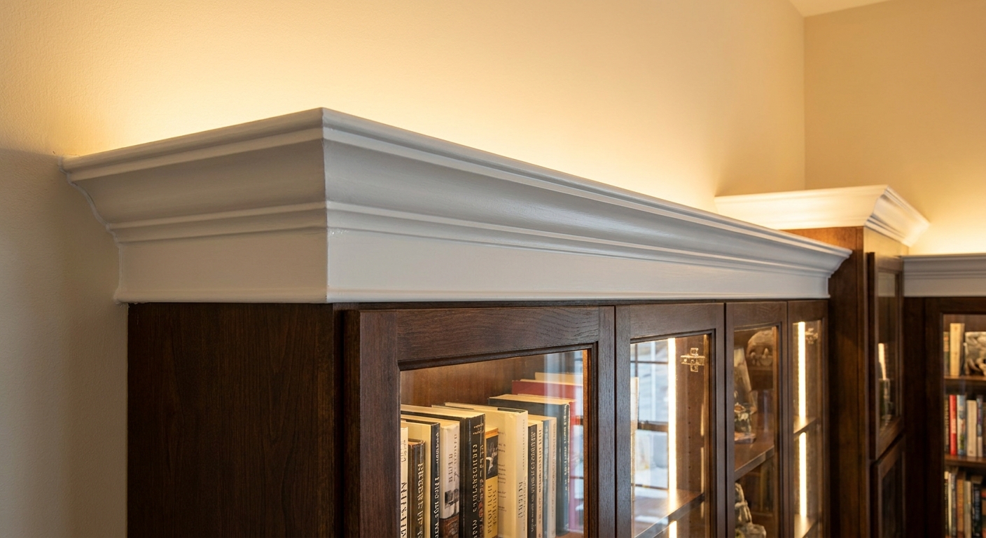 A close-up of simple white crown molding installed above tall glass display cabinets, with smooth caulked seams and soft warm ambient light