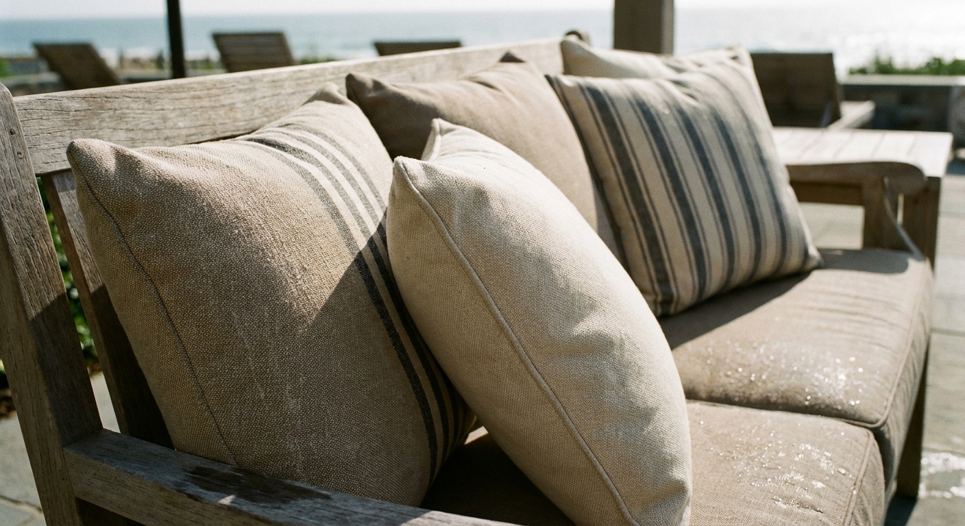 A close-up of weather-resistant throw pillows in neutral and striped patterns on an outdoor sofa with sunlight highlighting the fabric texture