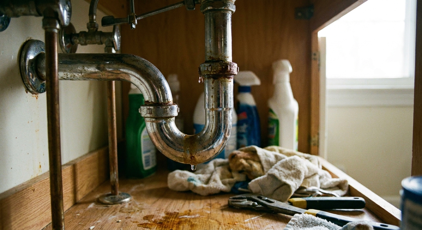 A close-up photo of a bathroom sink cabinet showing a P-trap with a small drip forming at a slip nut connection, real plumbing detail