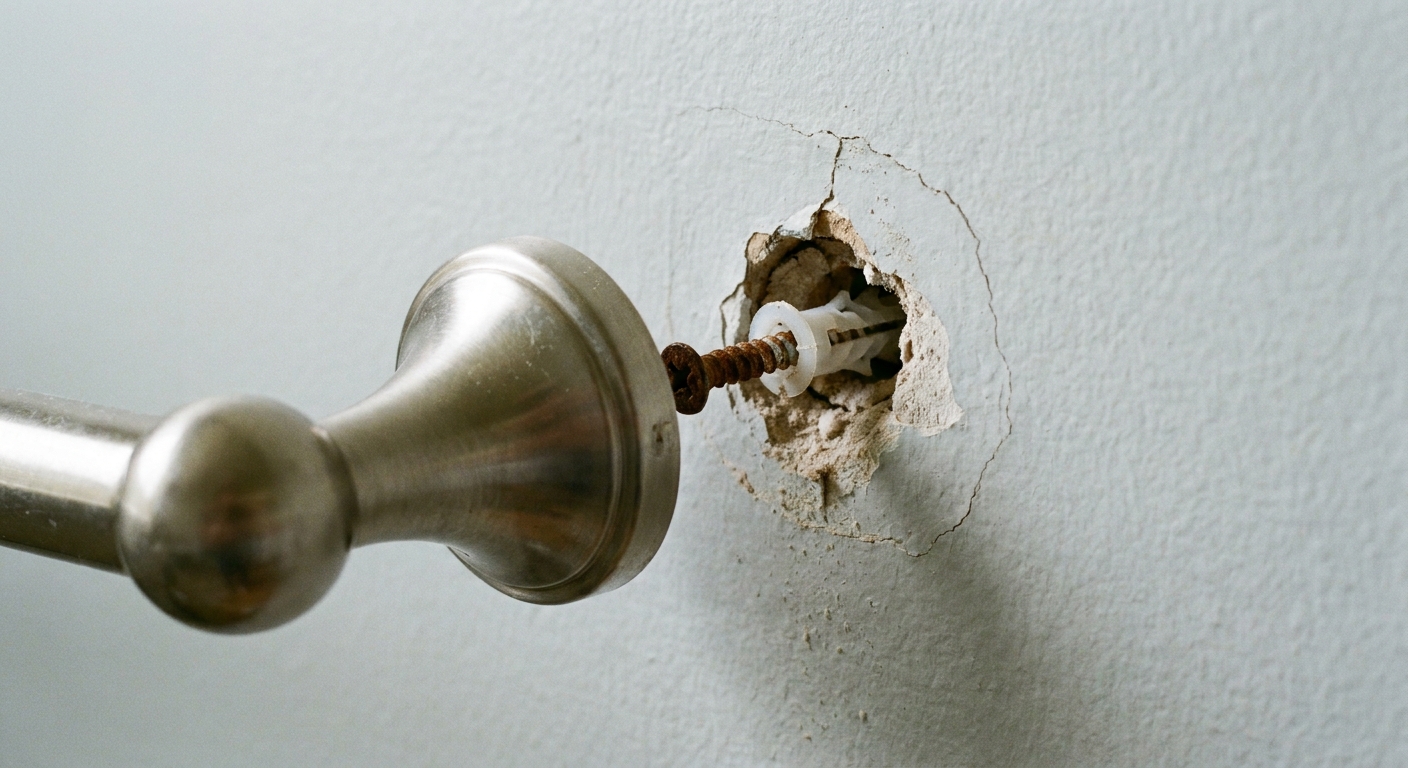 A close-up photo of a bathroom towel bar bracket pulled slightly away from a painted drywall wall, showing a screw and plastic drywall anchor starting to spin in the hole, natural indoor lighting