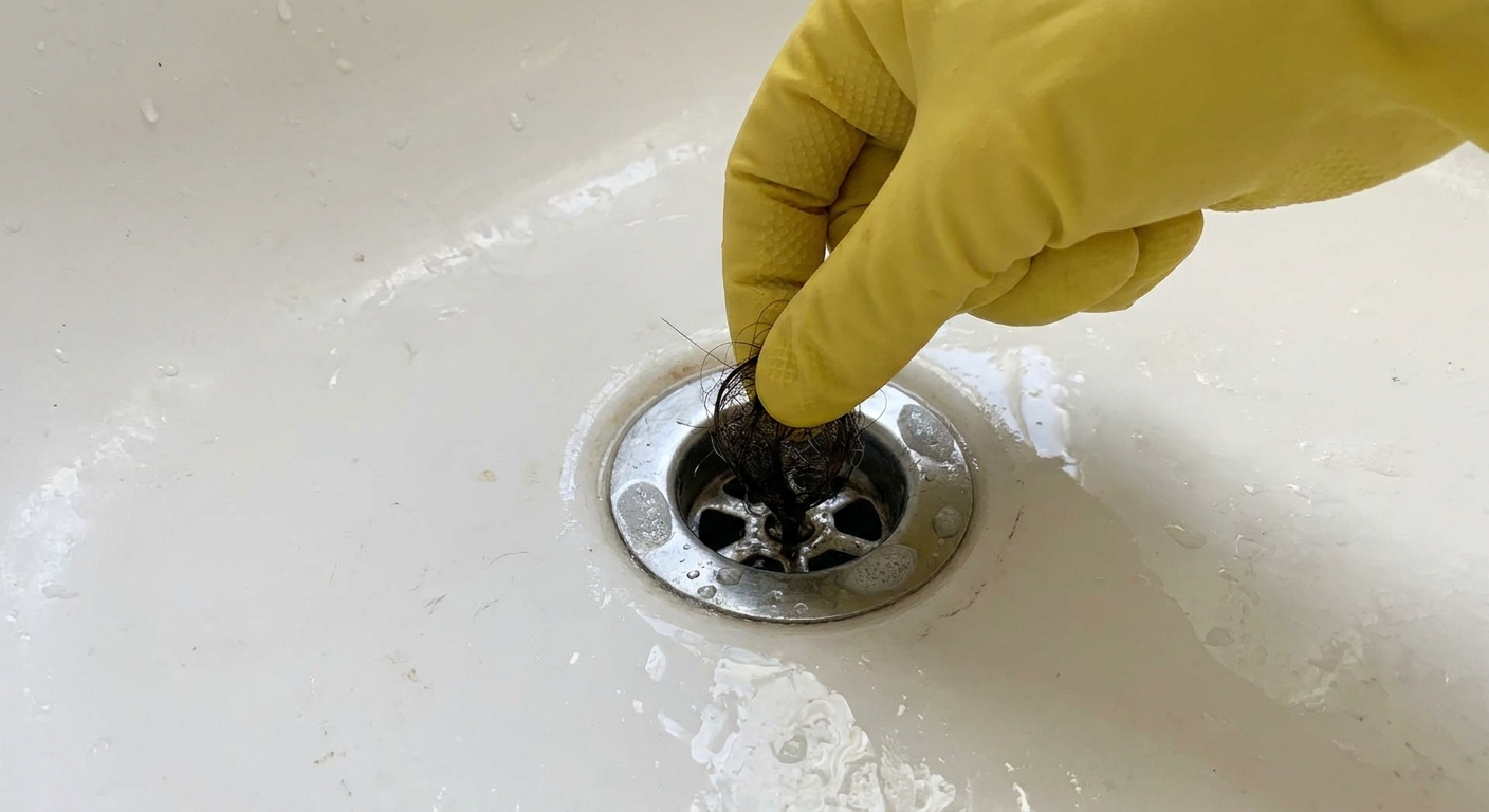 A close-up photo of a bathroom tub and shower drain with a hand in a rubber glove lifting a small clump of hair from the drain opening, natural window light