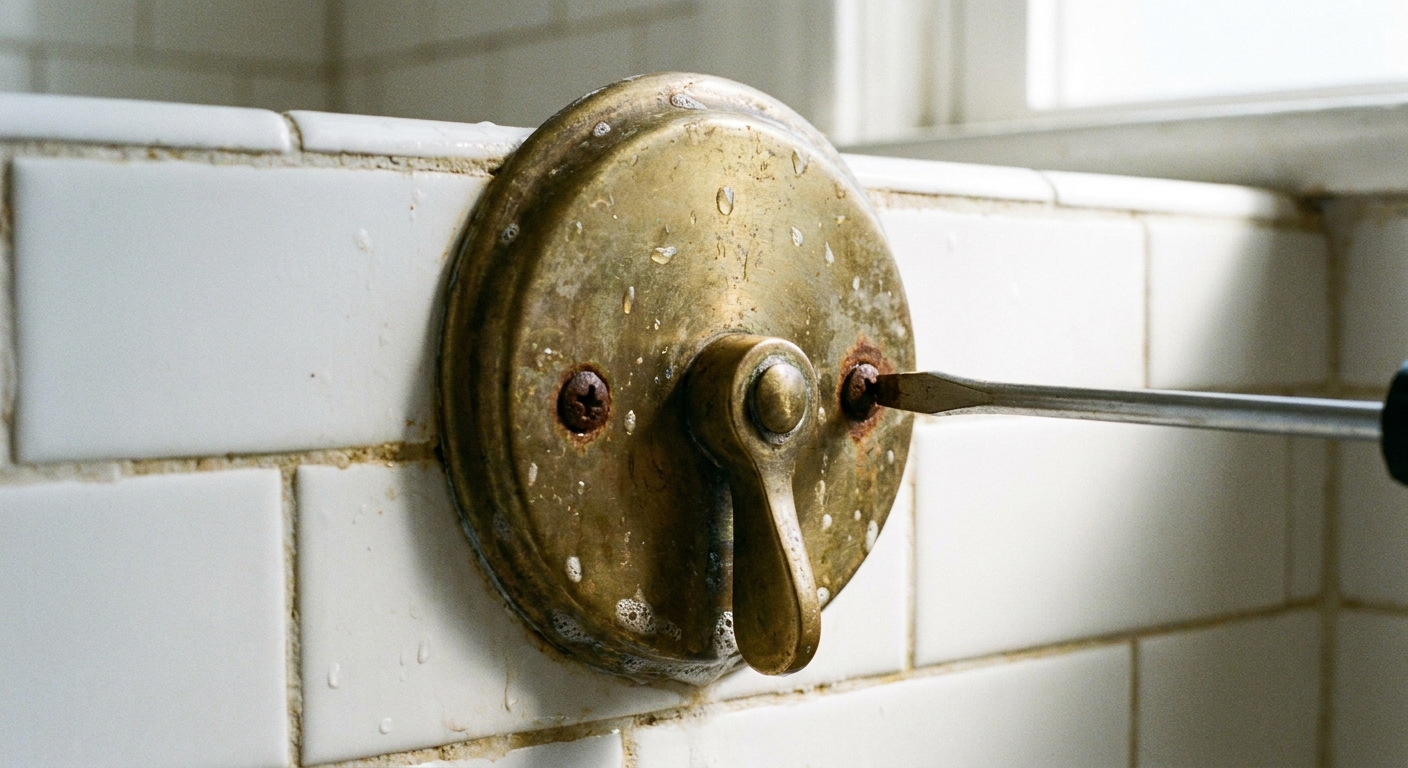 A close-up photo of a bathtub overflow plate with a small lever, with a screwdriver removing the two screws while the tub wall tile is visible