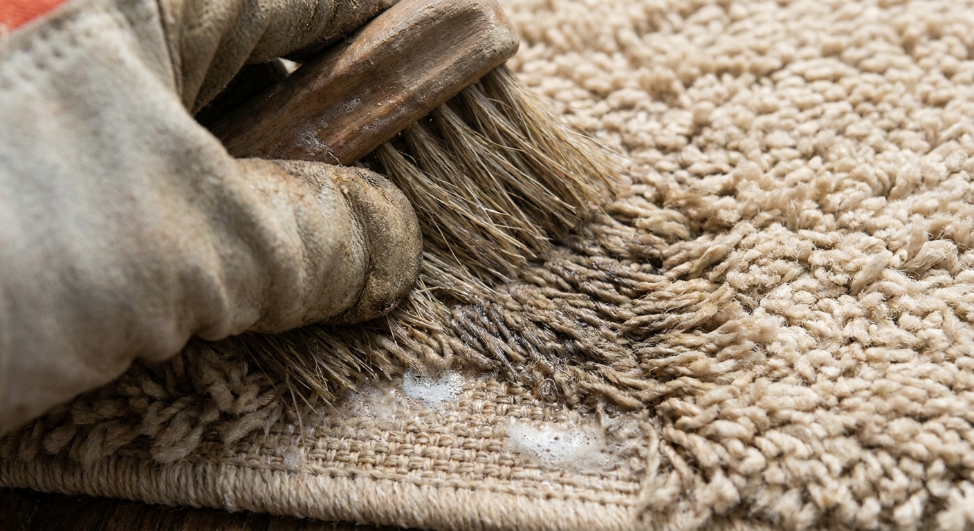 A close-up photo of a beige area rug pile being brushed back by a hand to reveal damp fibers and faint soapiness near the base