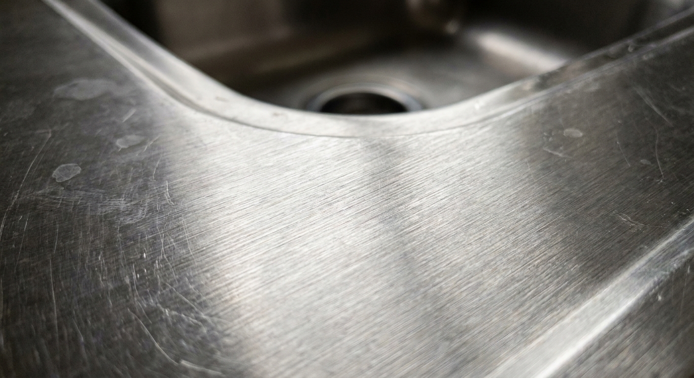 A close-up photo of a brushed stainless steel sink surface showing fine horizontal grain lines, shot with sharp detail