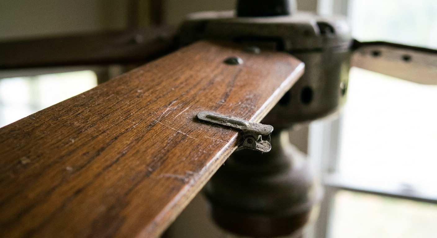 A close-up photo of a ceiling fan blade with a small balancing clip attached near the middle