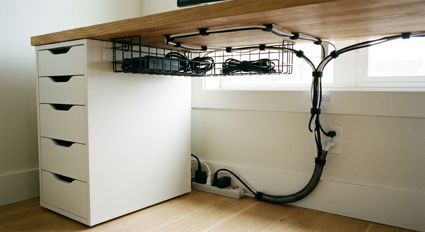 A close-up photo of a desk with an IKEA Alex drawer unit and a wood top, showing a tidy under-desk cable tray and neatly clipped cords routed toward a wall outlet