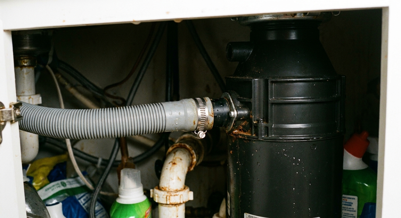 A close-up photo of a dishwasher drain hose attached to the side inlet of a garbage disposal with a metal hose clamp visible under a kitchen sink
