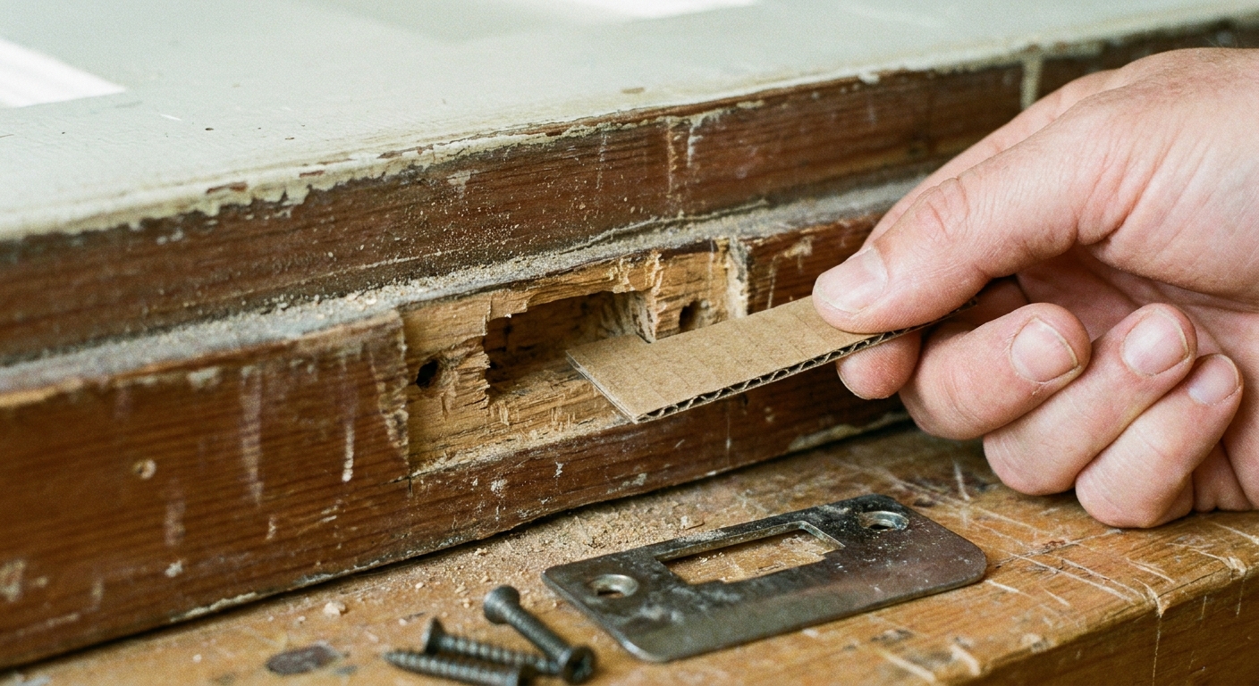 A close-up photo of a door jamb with a strike plate removed, showing a thin piece of cardboard cut to size being placed behind the strike area