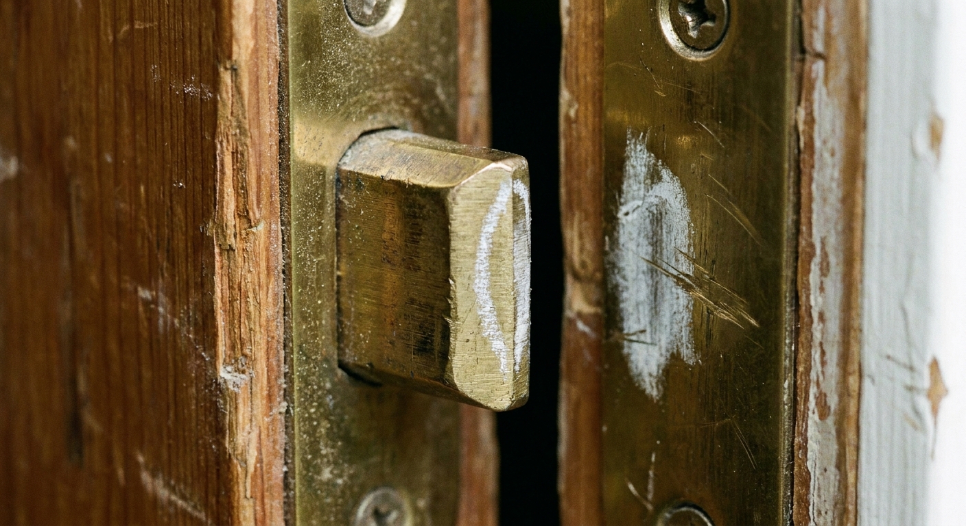 A close-up photo of a door latch bolt with a faint chalk mark, next to a strike plate showing a matching smudge where the bolt is hitting