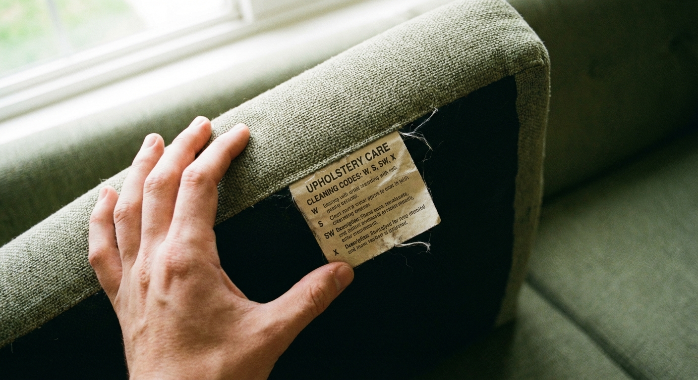 A close-up photo of a fabric sofa cushion being lifted to show the upholstery care tag with cleaning codes, natural indoor lighting