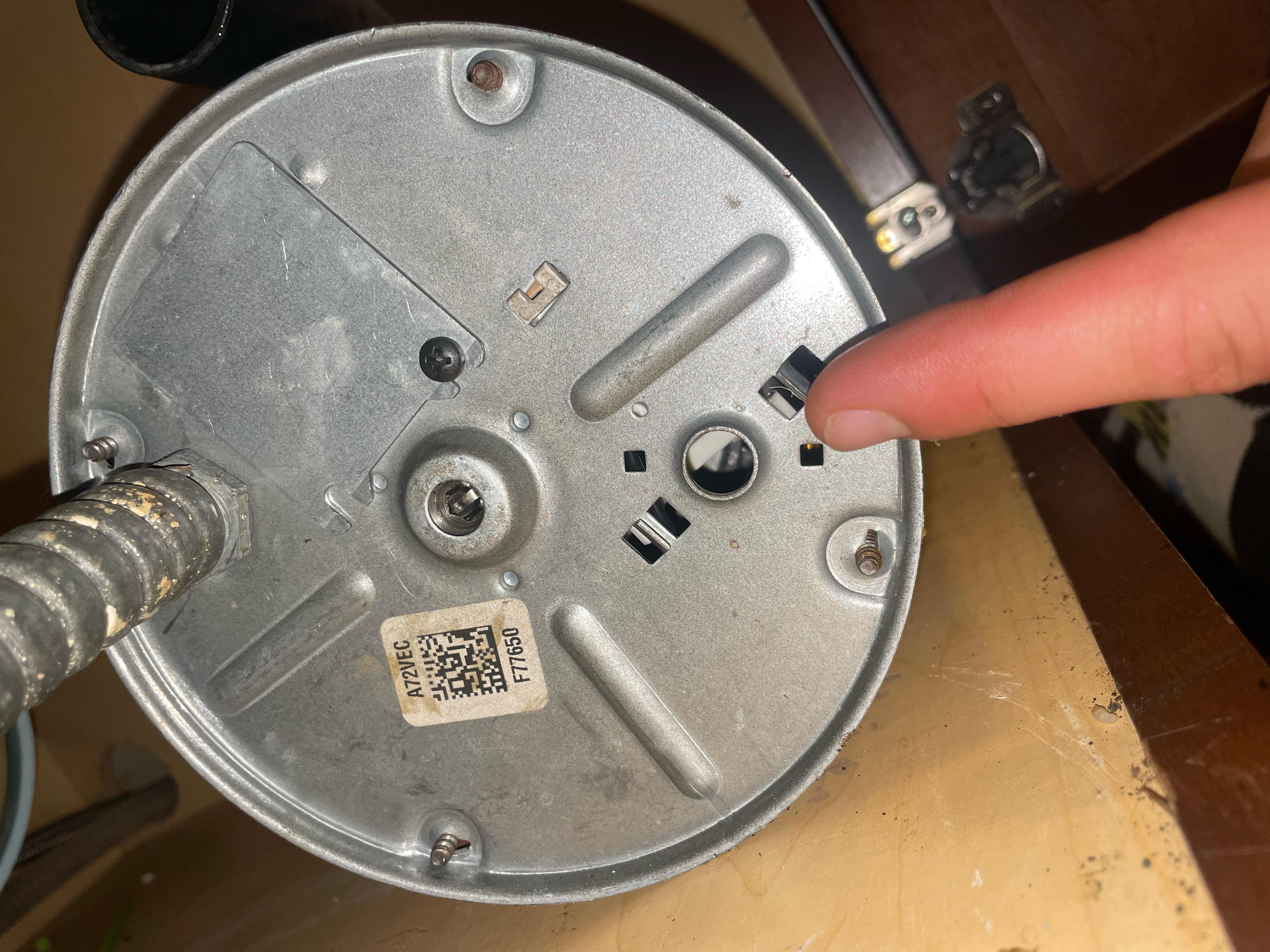 A close-up photo of a garbage disposal under a kitchen sink with a visible reset button on the bottom housing, cabinet interior in the background