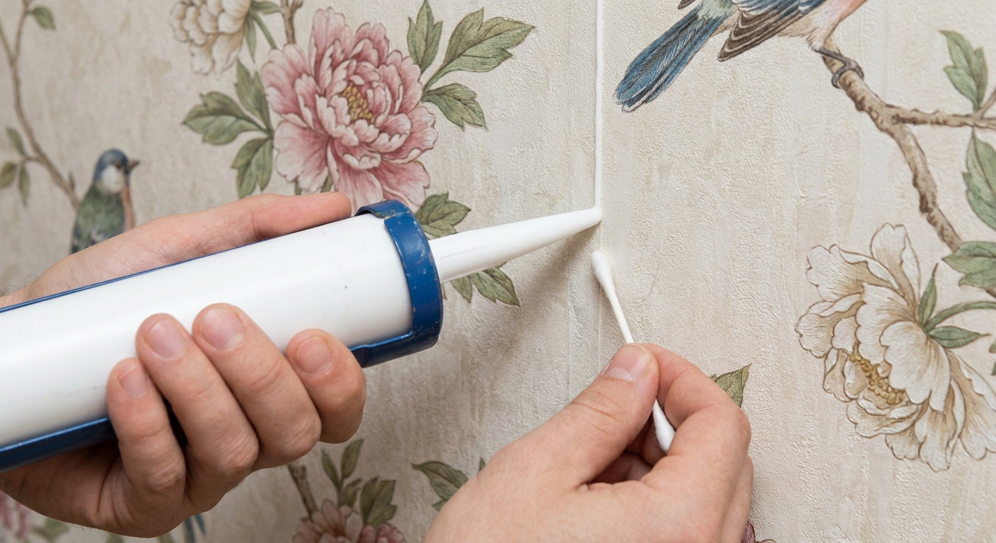 A close-up photo of a hand applying a very thin line of acrylic border caulk along a wallpaper seam, with a damp cotton swab ready to smooth the edge