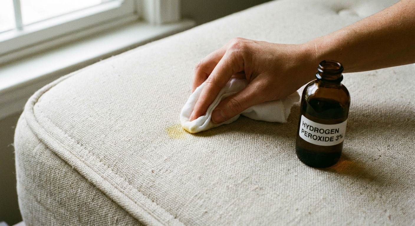 A close-up photo of a hand dabbing a small stain on a light-colored mattress using a cotton cloth with a small brown bottle of hydrogen peroxide nearby