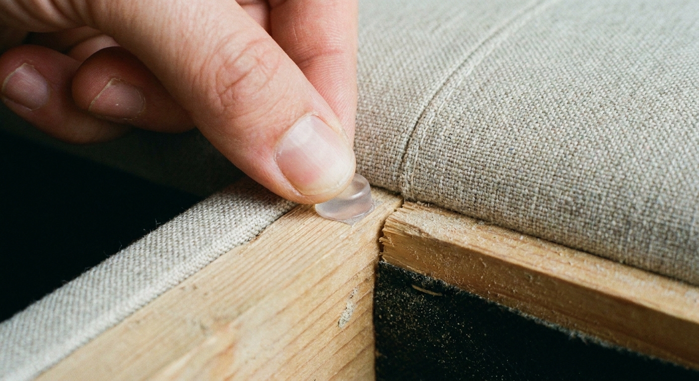 A close-up photo of a hand pressing a small clear rubber bumper onto the inside edge of a sofa frame near a sectional seam