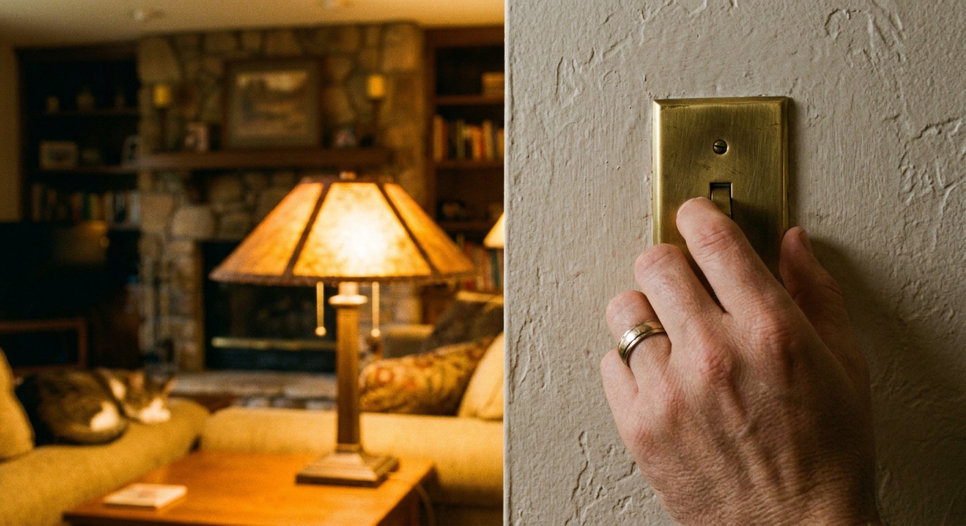 A close-up photo of a hand sliding a wall dimmer switch in a cozy living room with a warm-glowing lamp in the background