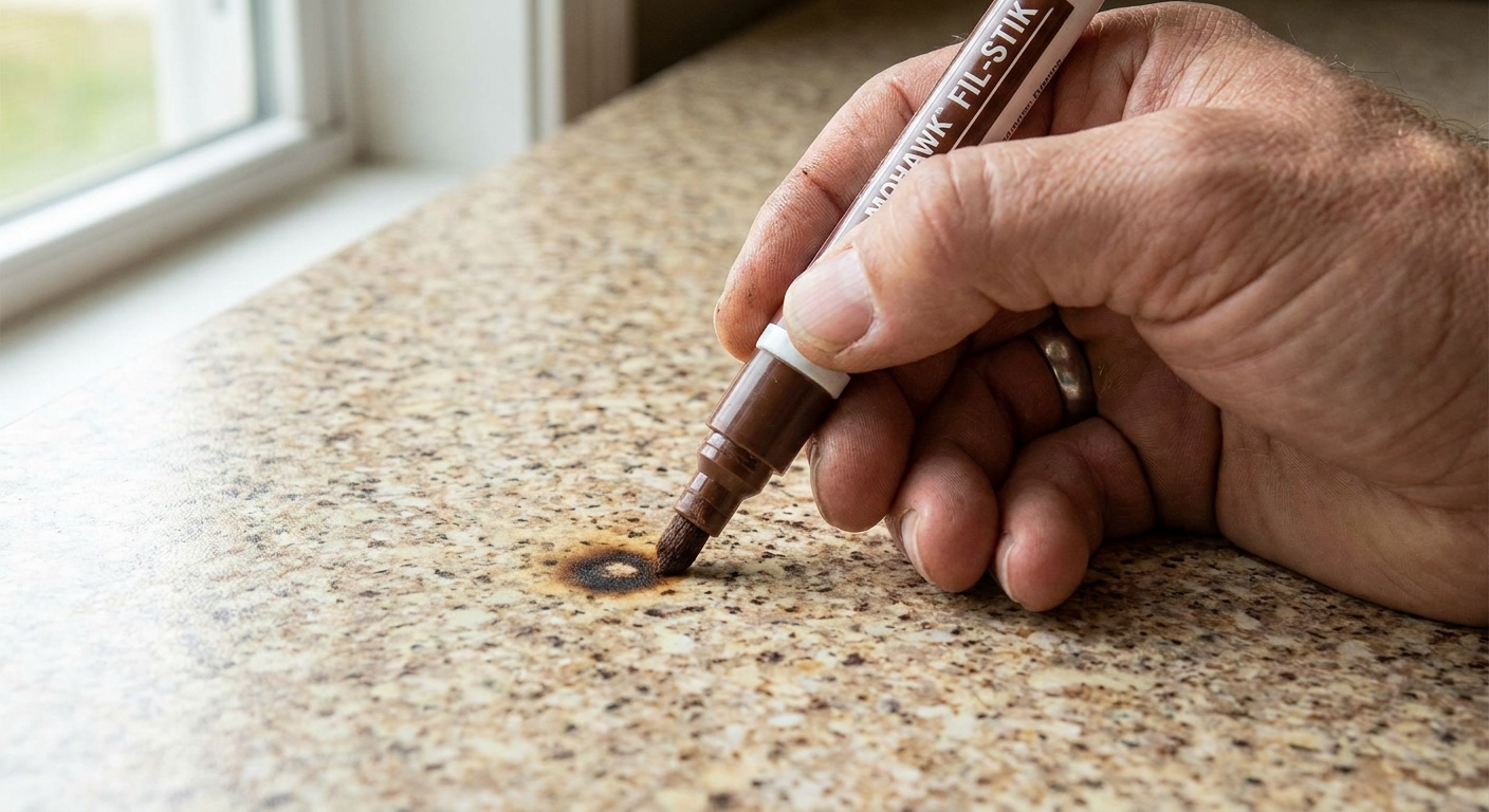 A close-up photo of a hand using a brown touch-up marker to blend a small burn mark on a speckled laminate countertop