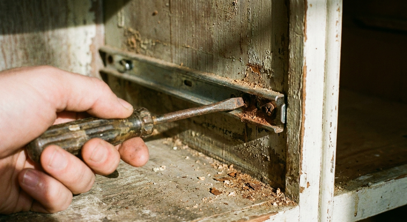 A close-up photo of a hand using a screwdriver to remove screws from an old side-mount drawer slide attached to a cabinet interior wall