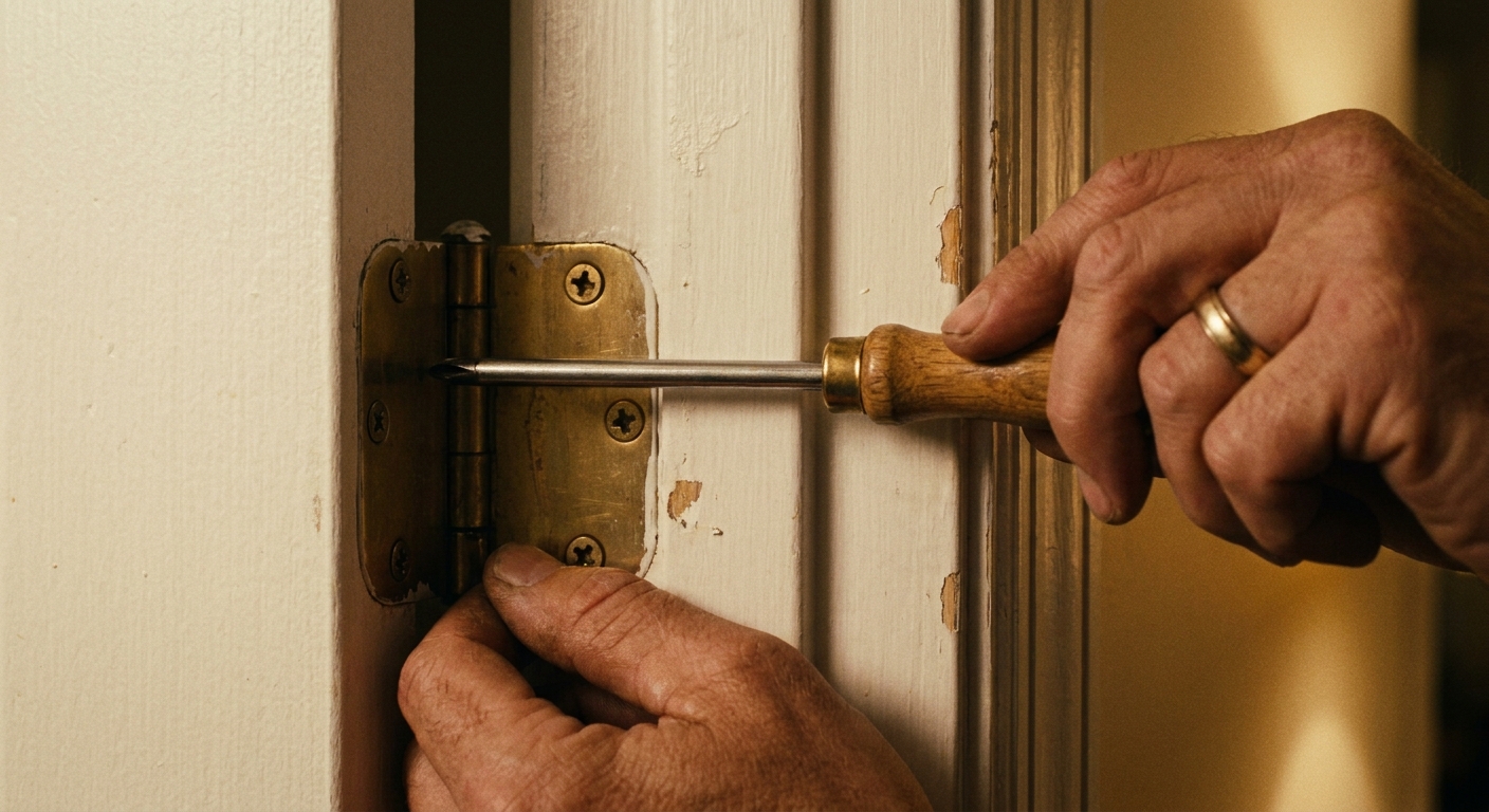 A close-up photo of a hand using a screwdriver to tighten the screws on a white interior door hinge, with warm indoor lighting