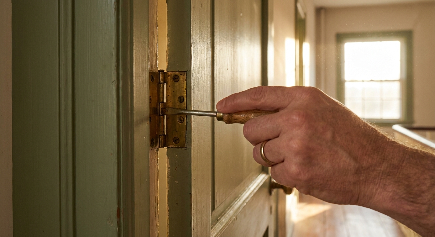 A close-up photo of a hand using a screwdriver to tighten a brass door hinge on a painted interior door, warm natural light in a hallway