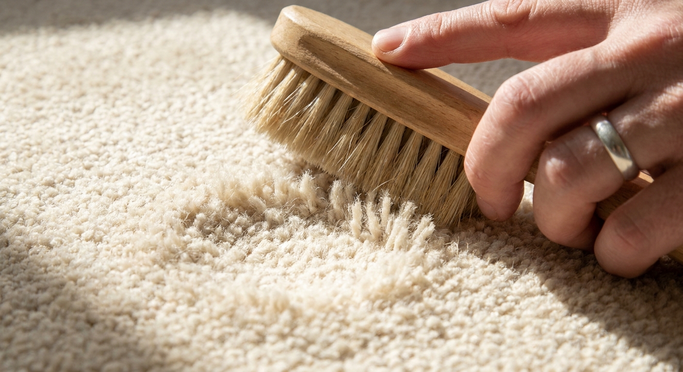 A close-up photo of a hand using a soft brush to lift carpet fibers where a furniture dent is fading.