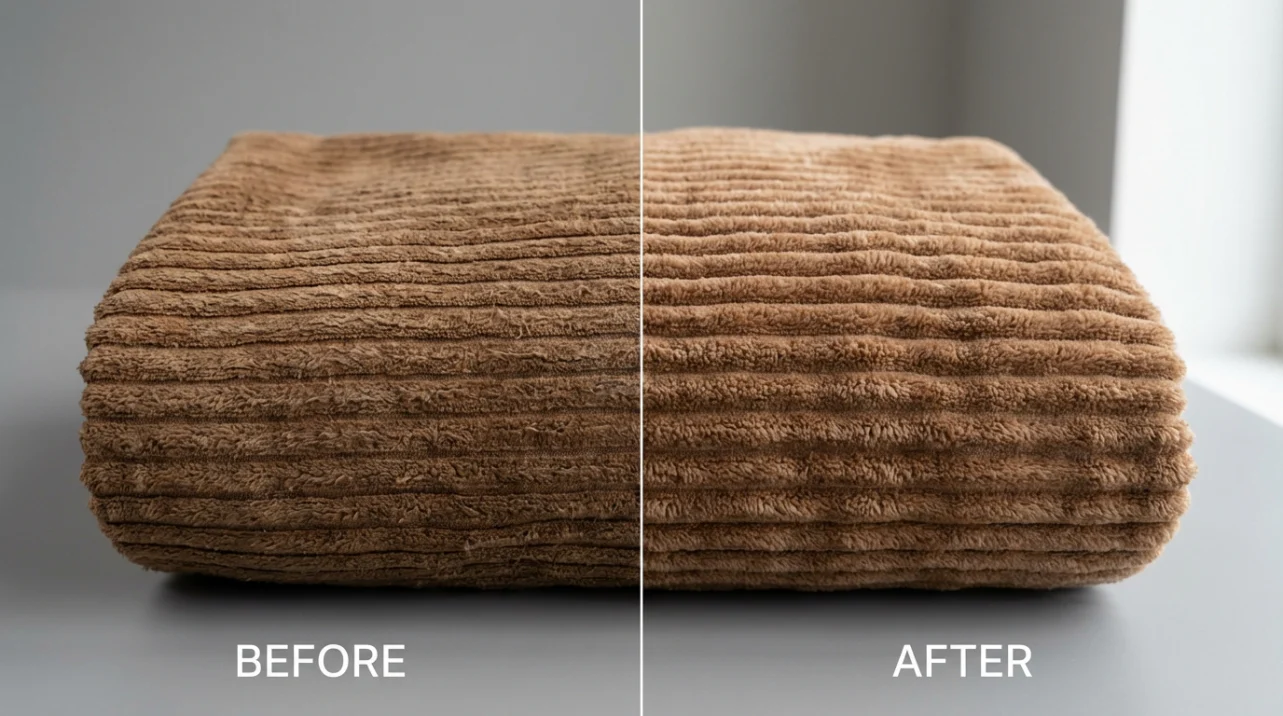 A close-up photo of a hand using a soft upholstery brush to gently lift debris from the grooves of a tan corduroy sofa cushion in daylight