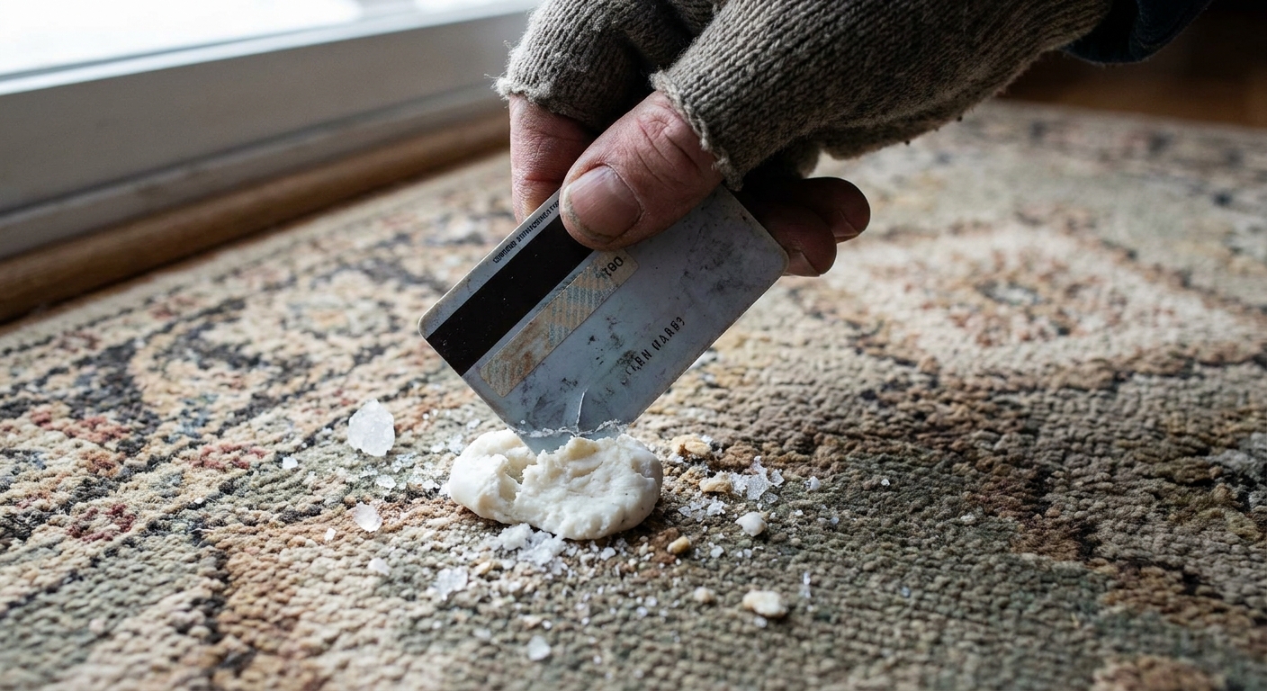 A close-up photo of a hand using an old credit card to gently scrape hardened chewing gum off an area rug, with small frozen crumbs visible