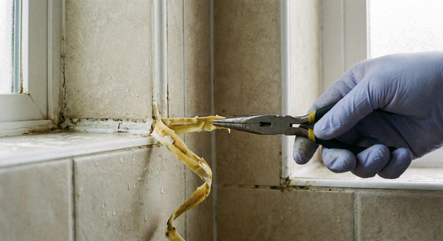 A close-up photo of a hand using needle-nose pliers to peel a strip of old silicone caulk from the corner seam of a shower