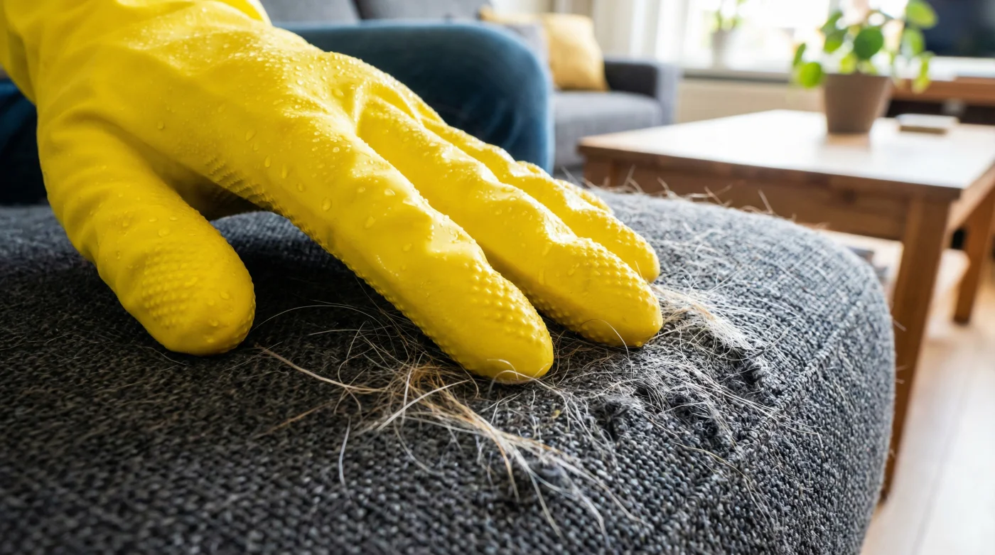 A close-up photo of a hand wearing a yellow rubber glove wiping a gray fabric sofa cushion and gathering pet hair into a visible clump