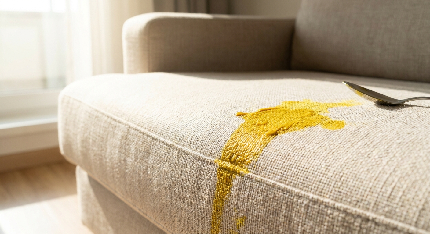 A close-up photo of a light beige fabric couch cushion with a fresh yellow turmeric curry stain near the front edge, natural window light, realistic home setting