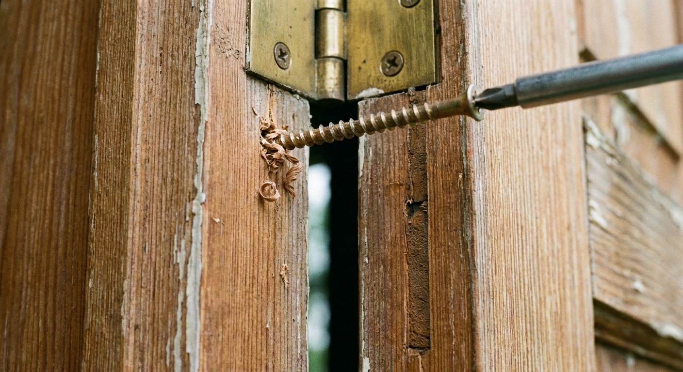 A close-up photo of a long wood screw being driven through the top door hinge into the door jamb, with the door slightly open
