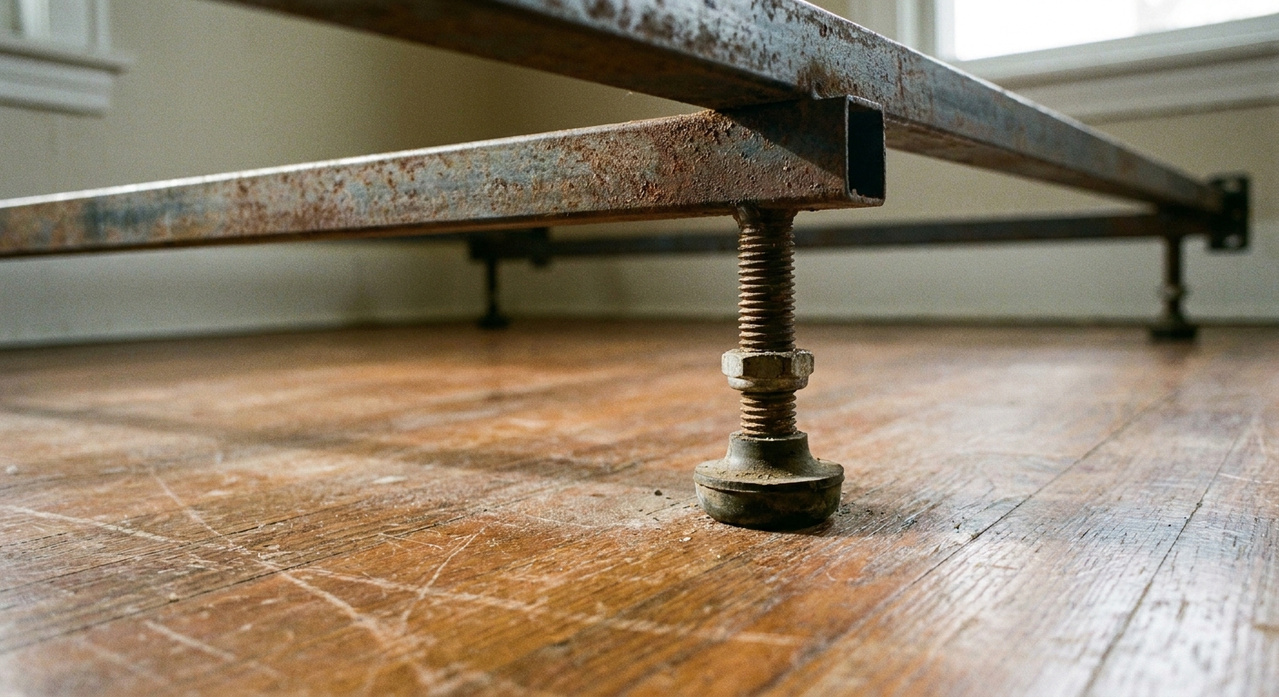 A close-up photo of a metal bed frame showing a center support beam with an adjustable leg touching a hardwood floor